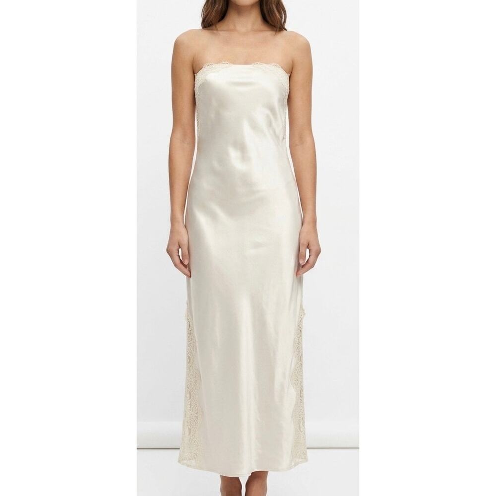 Camila Coehlo Strapless Satin Maxi Dress Lace Detail Nude Tan New size Small